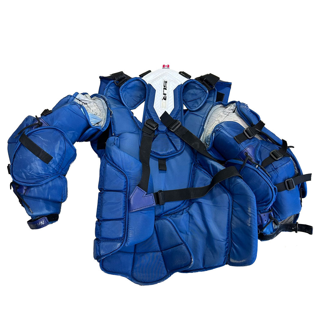 Vaughn SLR3 Pro Carbon - Plastron de gardien de but Pro d'occasion (bleu/blanc)
